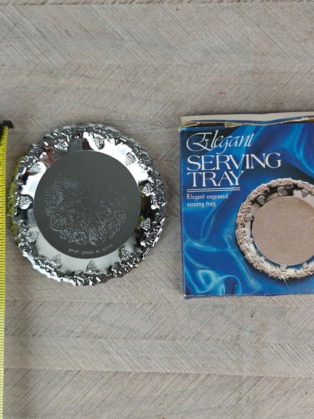 Vintage Elegant Metal Engraved Serving Tray With Grape Border 4" Silver Tone